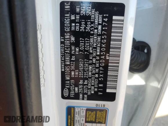 2019 Kia Sorento LX V6 with VIN 5XYPGDA50KG571741, listed as a Copart auction lot 50954195 with 136,047 mi miles and Salvage Title. Bid and sale history available at carsss.com. Image 13.