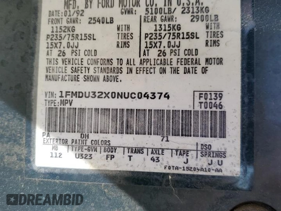 1992 Ford Explorer Eddie Bauer z VIN 1FMDU32X0NUC04374, wystawiony jako Copart lot #77261844 z przebiegiem 52 709 mil mil oraz Czysty tytuł • Clean title. Historia ofert i sprzedaży dostępna na DreamBid. Obrazek 13.