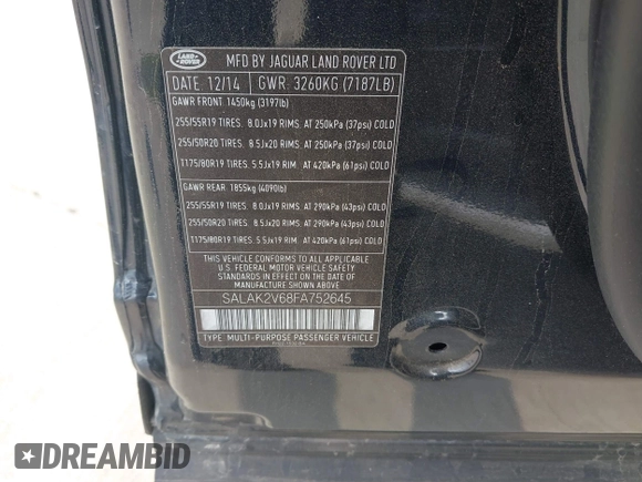 2015 Land Rover LR4 Lux with VIN SALAK2V68FA752645, listed as a IAAI auction lot 42252331 with 114,114 mi miles and . Bid and sale history available at DreamBid. Image 9.