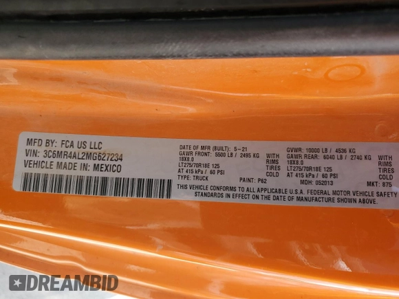 2021 Ram 2500 with VIN 3C6MR4AL2MG627234, listed as a Copart auction lot 53524525 with 166,195 mi miles and Salvage title. Bid and sale history available at DreamBid. Image 12.