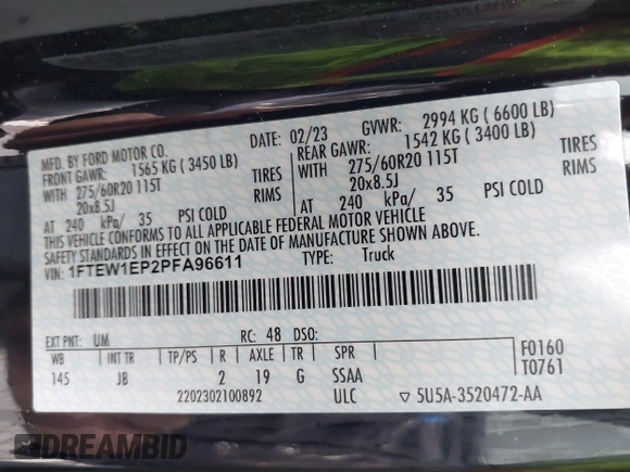 2023 Ford F-150 XL с VIN 1FTEW1EP2PFA96611, выставлен на аукционе IAAI как лот 41967449 с пробегом 54 314 миль миль и . История ставок и продаж доступна на DreamBid. Изображение 9.
