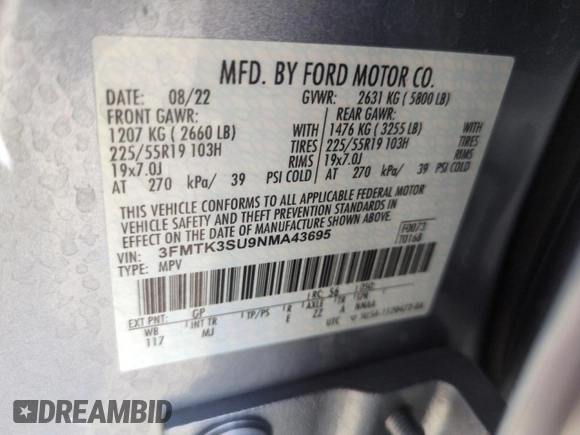 2022 Ford Mustang Mach-E Premium с VIN 3FMTK3SU9NMA43695, выставлен на аукционе Copart как лот 56775775 с пробегом 14 777 миль миль и Списание • Salvage title. История ставок и продаж доступна на DreamBid. Изображение 13.