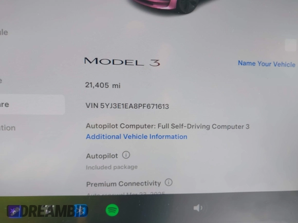 2023 Tesla Model 3 z VIN 5YJ3E1EA8PF671613, wystawiony jako IAAI lot #41737438 z przebiegiem 21 405 mil mil oraz . Historia ofert i sprzedaży dostępna na DreamBid. Obrazek 7.