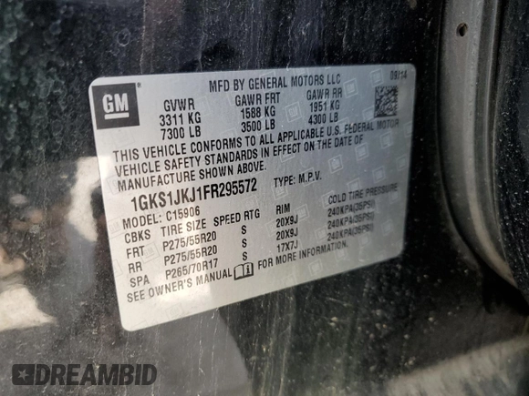 2015 GMC Yukon XL Denali with VIN 1GKS1JKJ1FR295572, listed as a Copart auction lot 65498084 with 150,167 mi miles and Clean Title. Bid and sale history available at carsss.com. Image 13.