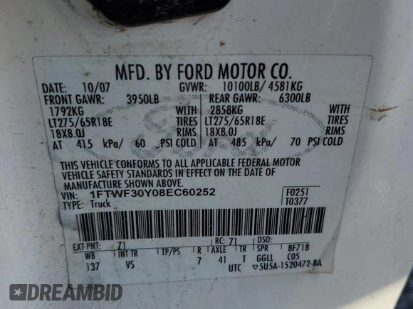 2008 Ford F-350 with VIN 1FTWF30Y08EC60252, listed as a Copart auction lot 74906074 with 218,772 mi miles and Salvage title. Bid and sale history available at DreamBid. Image 12.