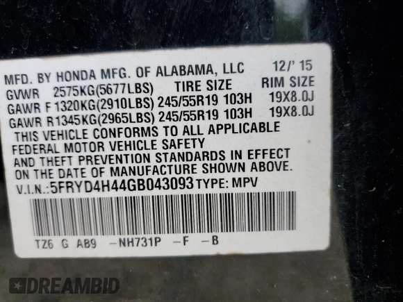 2016 Acura MDX Technology z VIN 5FRYD4H44GB043093, wystawiony jako Copart lot #56663955 z przebiegiem 204 655 mil mil oraz Szkoda całkowita • Salvage title. Historia ofert i sprzedaży dostępna na DreamBid. Obrazek 14.