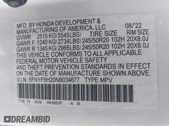 2022 Honda Pilot Special Edition with VIN 5FNYF5H20NB034677, listed as a IAAI auction lot 41372317 with 28,708 mi miles and . Bid and sale history available at carsss.com. Image 9.