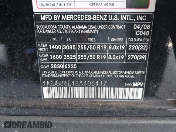 2008 Mercedes-Benz M 350 with VIN 4JGBB86E48A406417, listed as a IAAI auction lot 41936968 with 192,866 mi miles and . Bid and sale history available at DreamBid. Image 9.