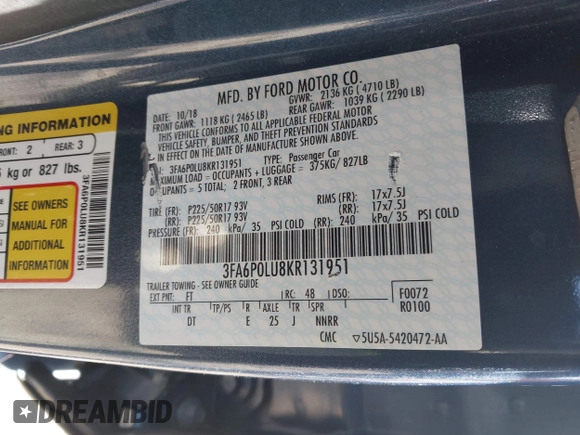 2019 Ford Fusion SE with VIN 3FA6P0LU8KR131951, listed as a IAAI auction lot 41908428 with 58,611 mi miles and . Bid and sale history available at DreamBid. Image 9.
