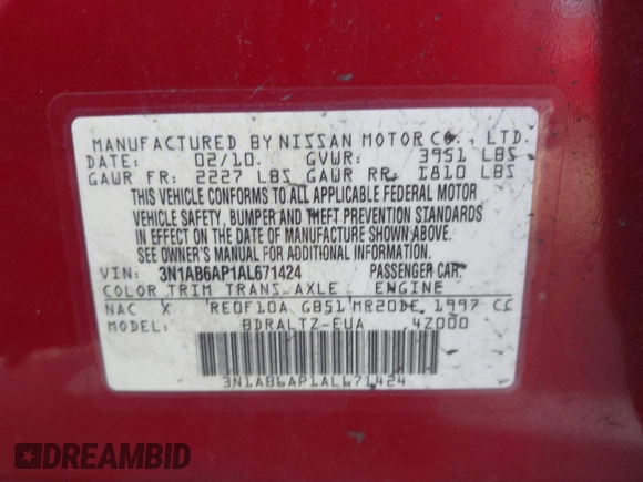 2010 Nissan Sentra S with VIN 3N1AB6AP1AL671424, listed as a IAAI auction lot 38336673 with Not provided miles and . Bid and sale history available at DreamBid. Image 9.