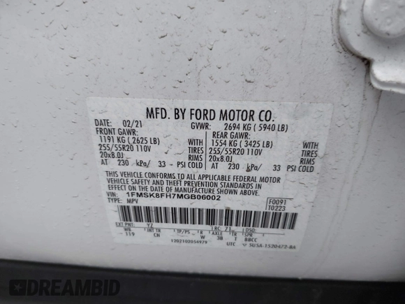 2021 Ford Explorer Limited with VIN 1FMSK8FH7MGB06002, listed as a IAAI auction lot 41452075 with 79,105 mi miles. Bid and sale history available at carsss.com. Image 9.