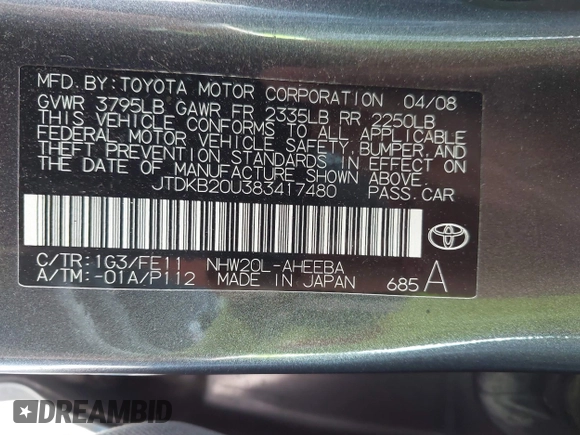 2008 Toyota Prius z VIN JTDKB20U383417480, wystawiony jako IAAI lot #42464877 z przebiegiem 215 849 mil mil oraz . Historia ofert i sprzedaży dostępna na DreamBid. Obrazek 9.