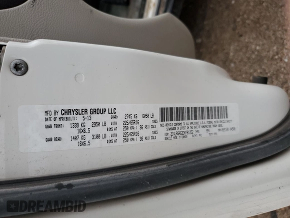2013 Ram Cargo Van Tradesman with VIN 2C4JRGAG3DR781252, listed as a Copart auction lot 78935644 with 196,033 mi miles and Salvage Title. Bid and sale history available at carsss.com. Image 13.