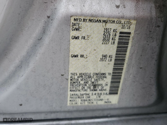 2017 Nissan Altima 2.5 SV with VIN 1N4AL3AP9HC149838, listed as a Copart auction lot 45127655 with 177,378 mi miles and Salvage Title. Bid and sale history available at carsss.com. Image 14.
