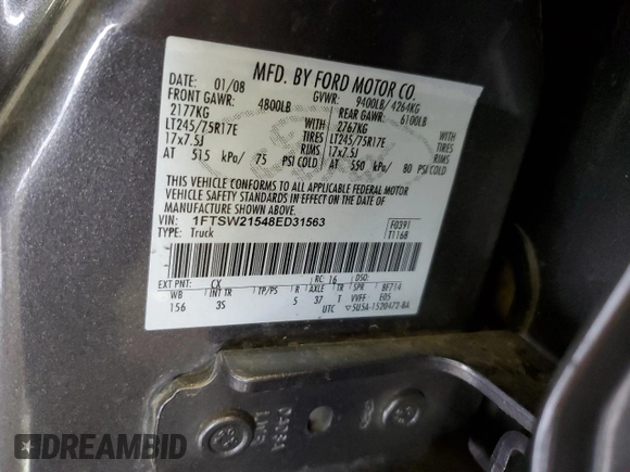 2008 Ford F-250 XL with VIN 1FTSW21548ED31563, listed as a Copart auction lot 56175005 with 173,259 mi miles and Salvage title. Bid and sale history available at DreamBid. Image 12.