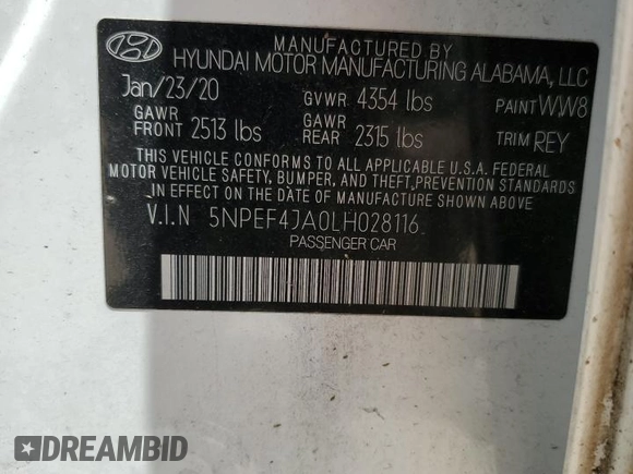 2020 Hyundai Sonata SEL z VIN 5NPEF4JA0LH028116, wystawiony jako Copart lot #57216045 z przebiegiem 58 285 mil mil oraz Nie do naprawy • Non repairable. Historia ofert i sprzedaży dostępna na DreamBid. Obrazek 13.