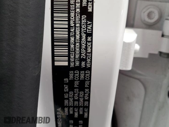 2023 Alfa Romeo Stelvio Ti z VIN ZASPAKBN4P7D57870, wystawiony jako Copart lot #46588385 z przebiegiem Nie podano mil oraz Szkoda całkowita • Salvage title. Historia ofert i sprzedaży dostępna na DreamBid. Obrazek 13.