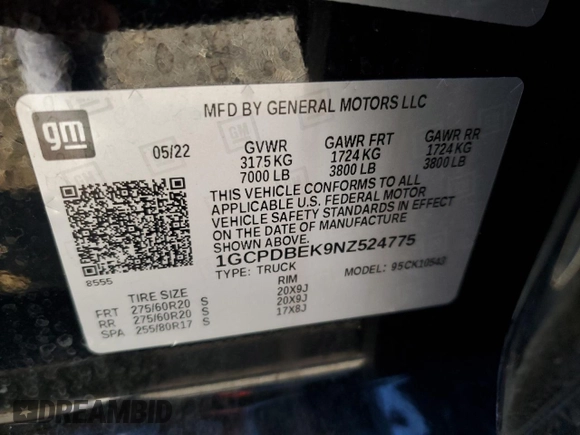 2022 Chevrolet Silverado 1500 Custom with VIN 1GCPDBEK9NZ524775, listed as a Copart auction lot 41422045 with 23,819 mi miles and Salvage Title. Bid and sale history available at carsss.com. Image 12.