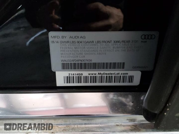 2015 Audi A8 L 4.0T with VIN WAU32AFD4FN007436, listed as a Copart auction lot 89020695 with 0 mi miles and Salvage Title. Bid and sale history available at carsss.com. Image 14.