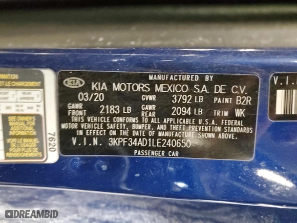 2020 Kia Forte GT-Line with VIN 3KPF34AD1LE240650, listed as a Copart auction lot 41636945 with 79,555 mi miles and Salvage Title. Bid and sale history available at carsss.com. Image 13.