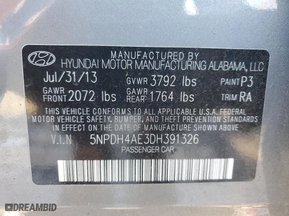 2013 Hyundai Elantra GLS PZEV with VIN 5NPDH4AE3DH391326, listed as a Copart auction lot 82434014 with 127,899 mi miles and Salvage Title. Bid and sale history available at carsss.com. Image 12.