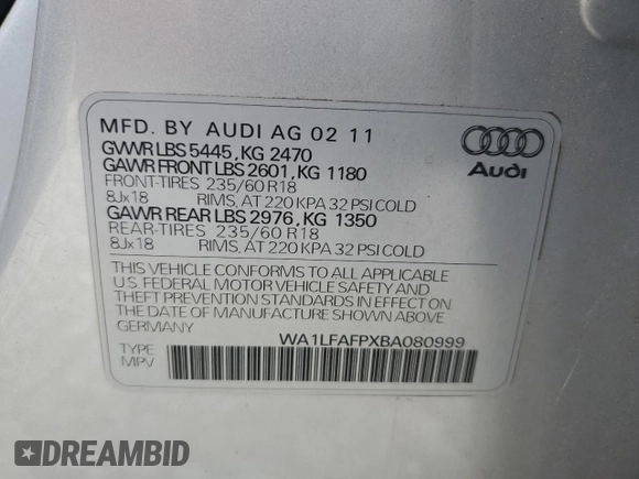 2011 Audi Q5 Premium Plus with VIN WA1LFAFPXBA080999, listed as a Copart auction lot 50189575 with 174,521 mi miles and Clean Title. Bid and sale history available at DreamBid. Image 13.