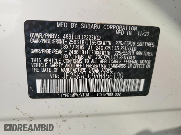 2024 Subaru Forester Limited z VIN JF2SKALC9RH456190, wystawiony jako Copart lot #53175415 z przebiegiem 26 470 mil mil oraz Szkoda całkowita • Salvage title. Historia ofert i sprzedaży dostępna na DreamBid. Obrazek 13.