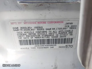 2003 Mitsubishi Lancer ES with VIN JA3AJ26E43U098235, listed as a IAAI auction lot 41646788 with 133,305 mi miles. Bid and sale history available at carsss.com. Image 9.