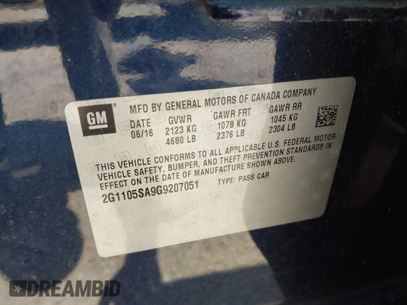 2016 Chevrolet Impala LT with VIN 2G1105SA9G9207051, listed as a IAAI auction lot 42032153 with 82,895 mi miles and . Bid and sale history available at DreamBid. Image 9.