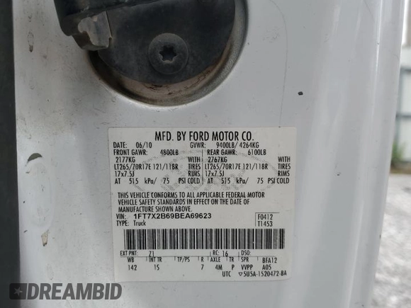 2011 Ford F-250 XL with VIN 1FT7X2B69BEA69623, listed as a Copart auction lot 55387695 with Not provided miles and Salvage title. Bid and sale history available at DreamBid. Image 12.