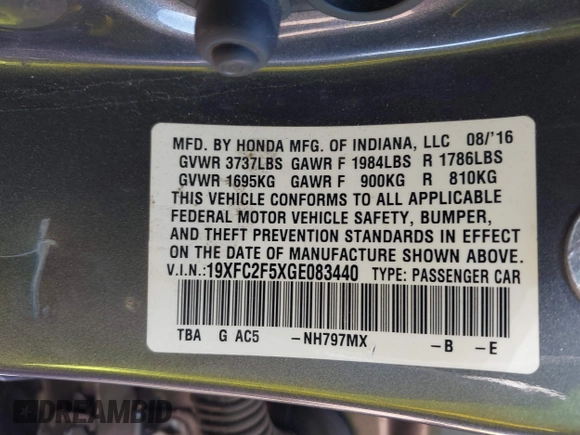 2016 Honda Civic Sedan LX with VIN 19XFC2F5XGE083440, listed as a IAAI auction lot 41622068 with 176,886 mi miles. Bid and sale history available at carsss.com. Image 9.