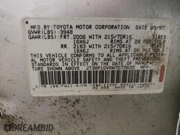 1998 Toyota RAV4 with VIN JT3HP10VXW7075633, listed as a Copart auction lot 52632125 with 185,392 mi miles and Non repairable. Bid and sale history available at DreamBid. Image 13.