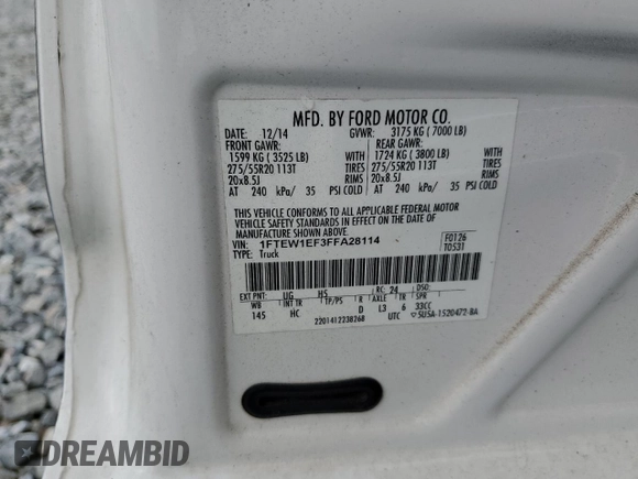 2015 Ford F-150 XLT with VIN 1FTEW1EF3FFA28114, listed as a Copart auction lot 59863365 with Not provided miles and Salvage title. Bid and sale history available at DreamBid. Image 12.