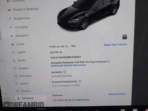 2022 Tesla Model S with VIN 5YJSA1E58NF478403, listed as a IAAI auction lot 41533099 with 42,779 mi miles and . Bid and sale history available at DreamBid. Image 7.