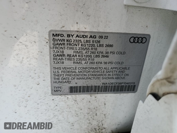 2023 Audi Q3 S line Premium with VIN WA1DECF38P1040315, listed as a Copart auction lot 48264235 with 53,683 mi miles and Salvage title. Bid and sale history available at DreamBid. Image 14.