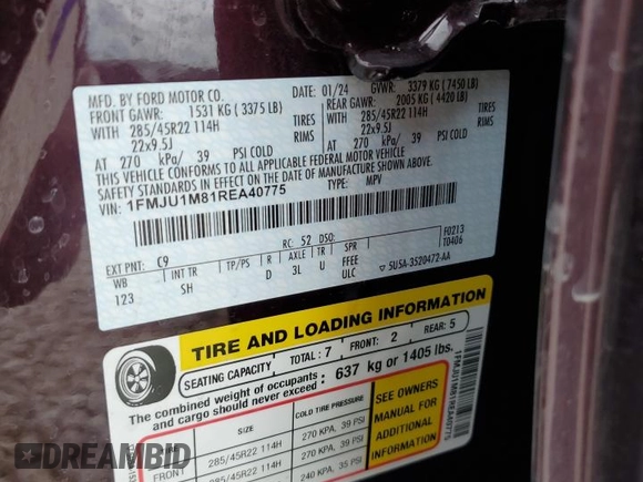 2024 Ford Expedition Platinum с VIN 1FMJU1M81REA40775, выставлен на аукционе Copart как лот 70694324 с пробегом 7 104 миль миль и Списание • Salvage title. История ставок и продаж доступна на DreamBid. Изображение 15.