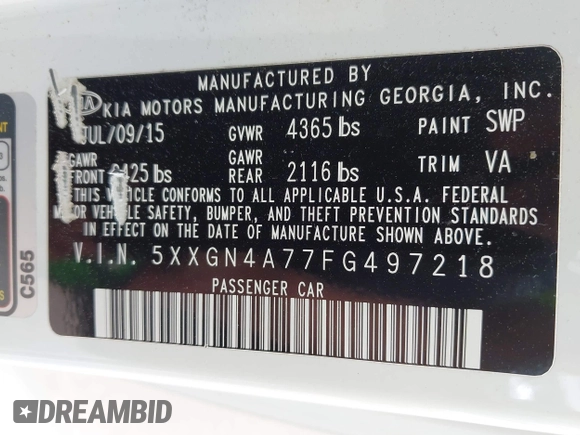 2015 Kia Optima EX with VIN 5XXGN4A77FG497218, listed as a IAAI auction lot 42464839 with 128,355 mi miles and . Bid and sale history available at DreamBid. Image 9.