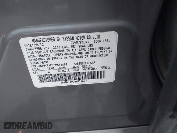 2013 Infiniti M37 with VIN JN1BY1AP7DM511497, listed as a IAAI auction lot 41294499 with 174,977 mi miles. Bid and sale history available at carsss.com. Image 9.