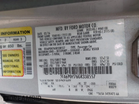 2016 Ford Fusion SE with VIN 3FA6P0H76GR338557, listed as a IAAI auction lot 42424262 with 165,299 mi miles and . Bid and sale history available at DreamBid. Image 9.