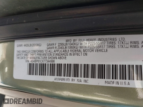 2007 Subaru Legacy Outback with VIN 4S4BP61CX77344996, listed as a IAAI auction lot 42676321 with 200,938 mi miles and . Bid and sale history available at DreamBid. Image 9.