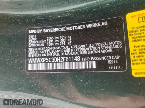 2017 MINI Hardtop Cooper с VIN WMWXP5C30H2F61148, выставлен на аукционе Copart как лот 59257925 с пробегом 61 446 миль миль и Списание • Salvage title. История ставок и продаж доступна на DreamBid. Изображение 12.
