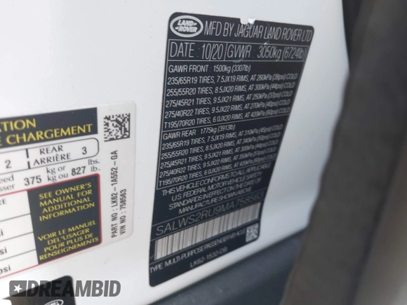 2021 Land Rover Range Rover Sport HST with VIN SALWS2RU9MA758563, listed as a IAAI auction lot 42407106 with 45,948 mi miles and . Bid and sale history available at DreamBid. Image 9.