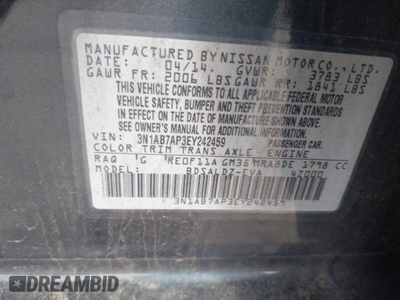 2014 Nissan Sentra S with VIN 3N1AB7AP3EY242459, listed as a IAAI auction lot 42174137 with 203,956 mi miles and . Bid and sale history available at DreamBid. Image 9.