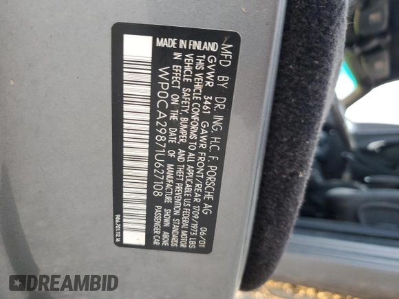 2001 Porsche Boxster с VIN WP0CA29871U627108, выставлен на аукционе Copart как лот 43968805 с пробегом Не указан миль и Списание • Salvage title. История ставок и продаж доступна на DreamBid. Изображение 13.