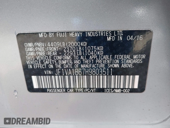2017 Subaru WRX with VIN JF1VA1B67H9803511, listed as a IAAI auction lot 41920388 with 64,572 mi miles. Bid and sale history available at carsss.com. Image 9.