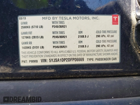 2013 Tesla Model S Performance z VIN 5YJSA1DP2DFP06669, wystawiony jako IAAI lot #42161357 z przebiegiem 177 710 mil mil oraz . Historia ofert i sprzedaży dostępna na DreamBid. Obrazek 9.