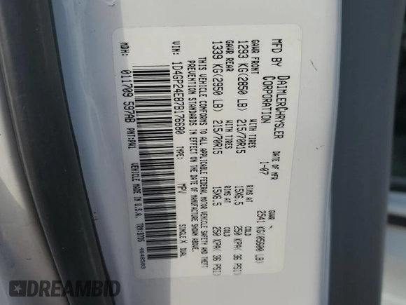 2007 Dodge Grand Caravan SE with VIN 1D4GP24E87B176680, listed as a Copart auction lot 64906593 with Not Provided miles and Salvage Title. Bid and sale history available at DreamBid. Image 13.