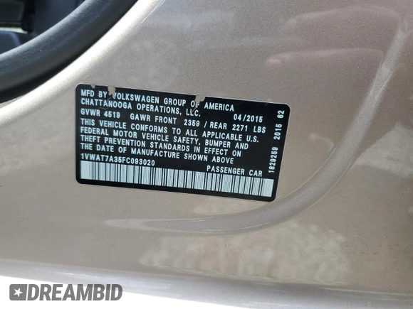 2015 Volkswagen Passat Limited Edition with VIN 1VWAT7A35FC093020, listed as a Copart auction lot 62692295 with 138,823 mi miles and Clean title. Bid and sale history available at DreamBid. Image 12.