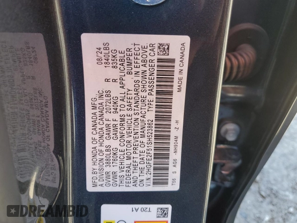 2025 Honda Civic Sport z VIN 2HGFE2F51SH523862, wystawiony jako Copart lot #52955205 z przebiegiem 3 874 mil mil oraz Szkoda całkowita • Salvage title. Historia ofert i sprzedaży dostępna na DreamBid. Obrazek 15.