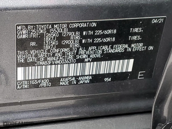 2021 Toyota RAV4 Prime SE with VIN JTMAB3FV4MD036310, listed as a Copart auction lot 62464173 with 11,481 mi miles. Bid and sale history available at carsss.com. Image 12.